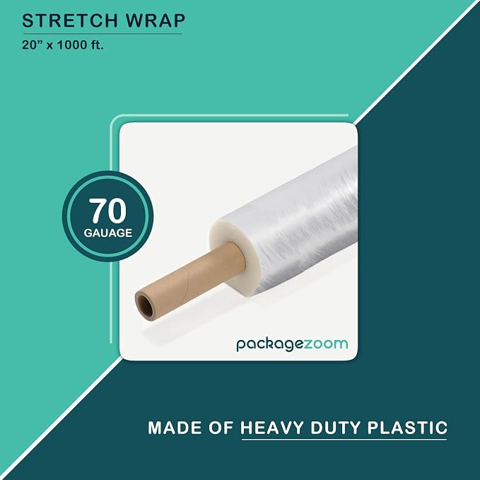 PackageZoom 20 inch x 1000 Feet Stretch Wrap With Handle, Clear Stretch Film, 4 Rolls