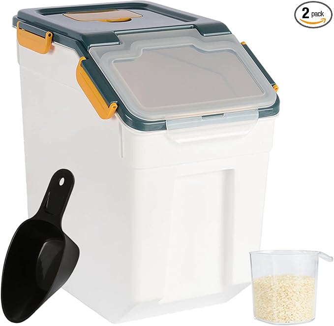Rice Container 25 lbs Large Bulk Flour Sugar Storage Holdhouse Plastic Grain Cereal Dry Goods Bin with Spoon and Measuring Cup for Kitchen Pantry Organization - Blue