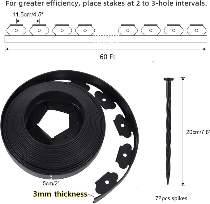Anleolife 40FT NO-DIG Garden Landscape Edging with 48 Spikes, 2IN Black | 2-inch tall flexible lawn edging, easy install—stake into soil. UV-stabilized HDPE. Neat borders for paths & walkways