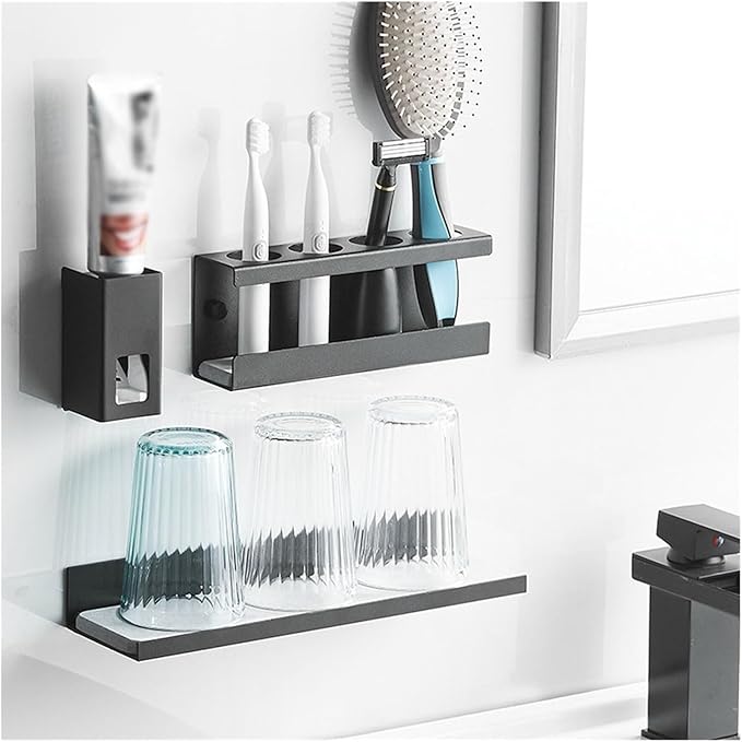 Toothbrush Rack Aluminum Toothbrush Holder Wall-Mounted Gun Gray Toothpaste Holder 4-Slot Storage Rack Easy to Install Without Drilling Bathroom Toothbrush Holder(S20cm)
