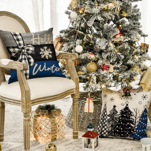AVOIN colorlife Merry Christmas Joy Xmas Trees Blue and Black Throw Pillow Covers, 16 x 16 Inch Christmas Winter Holiday Cushion Case Decoration for Sofa Couch Set of 4