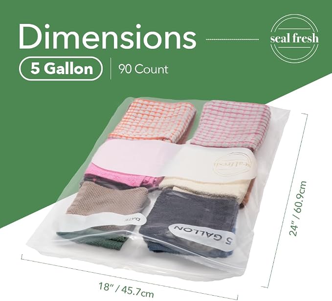 Seal Fresh 5 Gallon Large Plastic Storage Bags – 18" x 24" (90 Count) – Reusable XXL Extra Large Clear Jumbo Zip Bags with Sealable Zipper Top For Clothes, Travel, Moving