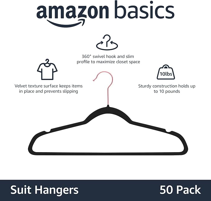 Amazon Basics Slim Velvet Non-Slip Space Saving Suit Clothes Hangers for Closet Organization, Black/Rose Gold, 50-Pack