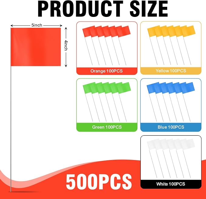 15x4x5 Inch Marking Flags – High-Visibility Yard & Lawn Flags for Boundary, Dog Training, Landscaping, Sprinklers, Surveying & Construction | Durable, UV & Weather Resistant (5 Color Set, 500 Pack)