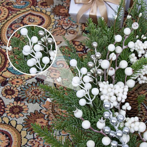 LLZLL 32 Pack Christmas Picks Artificial Christmas Tree Berries 6.5 Inch Holly Berry Stems for Winter Xmas Holiday DIY Ornaments（White）