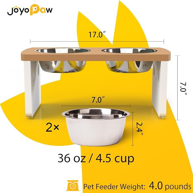 Elevated Dog Bowls, Waterproof Raised Dog Bowl for Medium Dogs, HIPS Poly Lumber Stand with 2 Stainless Steel Bowls, Indoor & Outdoor Use (7'' Tall-40 oz Bowl, Teak - White)