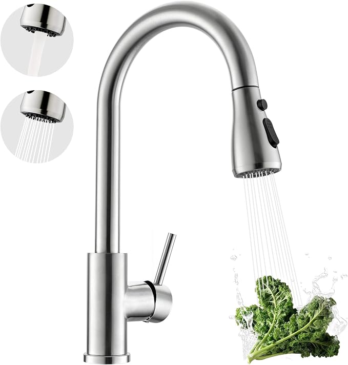 Kicimpro Kitchen Faucets with Pull Down Sprayer, NSF Certified Lead-Free 304 Stainless Steel Sink Faucet 1 Hole, Faucet for Kitchen Sink, Rv, Bar, Camper, Laundry, Easy Installation,Brushed Nickel | 3 Spray Modes, 360 Swivel, Deck Plate, SUS304, Fits 1...