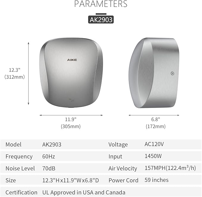 AIKE Air Tank Heavy Duty Hand Dryer HEPA Filter UL Approved 120V 1400W Brushed Stainless Steel Finish Model AK2903