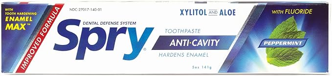 Spry Natural Xylitol Toothpaste 5oz for Adults and Kids with Fluoride, Gentle for Sensitive Teeth Whitening and Remineralizing, Breath Freshening, Mouth Moisturizing, Peppermint (Pack of 1)