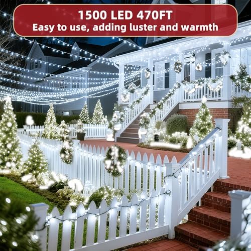 470FT Christmas Lights Outdoor, 1500 LED Christmas Tree Decoration Lights with 12 Modes & Timer Memory, Dimmable Plug In Waterproof LED Xmas Light for Yard Trees Wedding Party Holiday Cool White