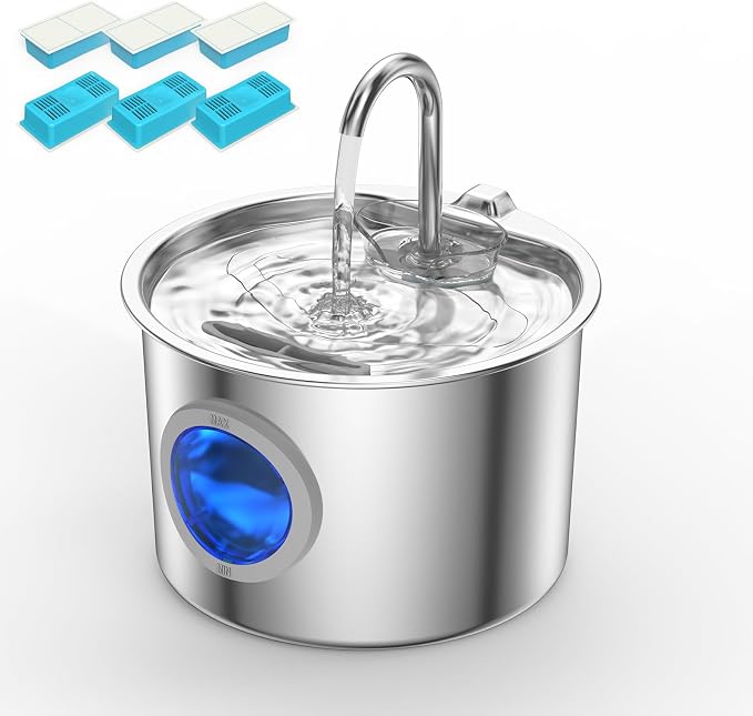 Cat Water Fountain Stainless Steel: Cat Fountain for Drinking with 6 Filters + 6 Sponges - 74oz/2.2L Pet Water Fountain for Cats Inside - Quiet Cats Water Bowl Dispenser - Kitten Drinking Fountains