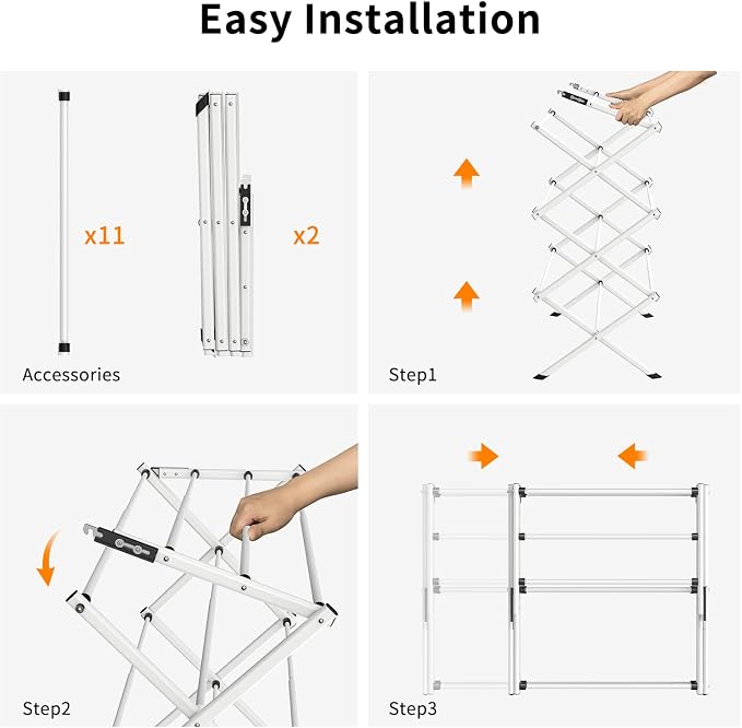 3 Tier Clothes Drying Rack, Foldable Drying Rack Clothing,Indoor & Outdoor Laundry Rack for Drying Clothes,Space-Saving Design, Metal Collapsible Dryer Racks for Laundry, White