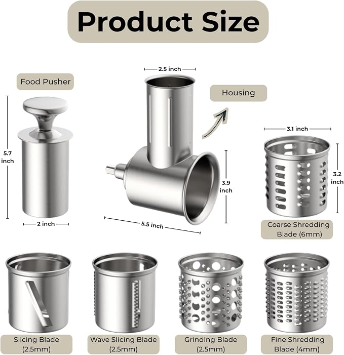 5-in-1 Stainless Steel Slicer Shredder Attachment Compatible with KitchenAid Stand Mixers, Cheese Grater Attachment, Vegetable Shredder, Salad Maker with 5 Cutting Blades, Dishwasher Safe
