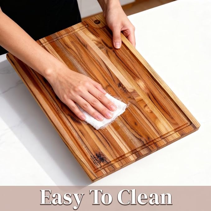 Set of 2 Premium Teak Wood Cutting Board, 18" x 14" x 0.6" Thin Solid Hardwood for Meat, Fruit, Bread & Cheese Prep w/Deep Juice Groove, Non-Toxic, BPA/Plastic Free by New M Way