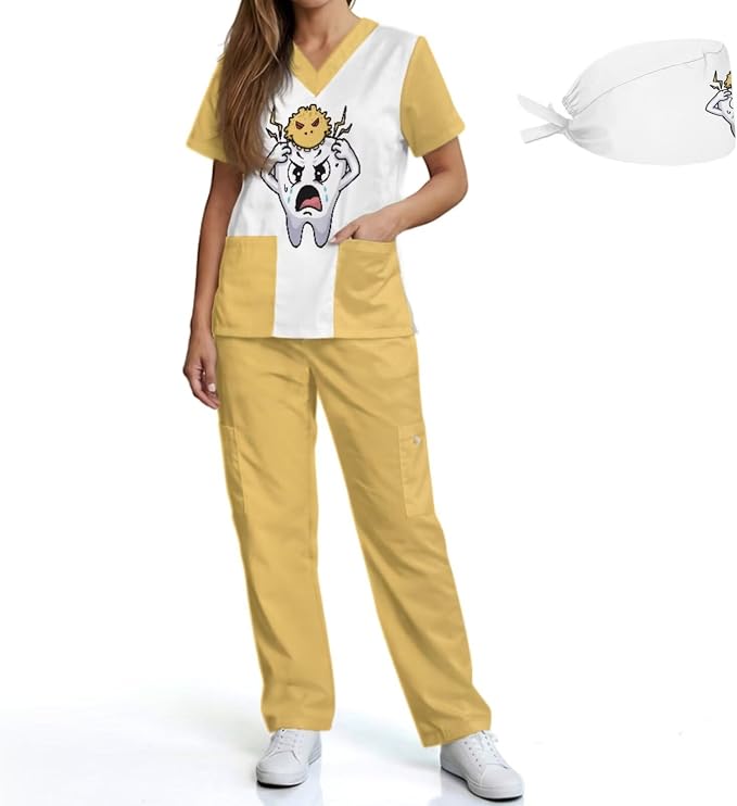 Gomyblomy Women's Scrubs Suit 3-Piece Set | Teeth Print V-Neck Top & Pants & Cap, Breathable and Stretch Fabric, S-5XL