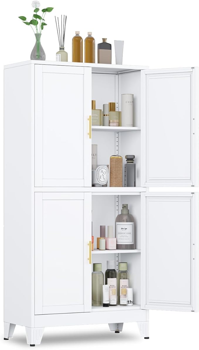 GAIOUS 47.25" Metal Pantry Cabinet, White Storage Cabinets with 4 Door | and 2 Adjustable Shelves, Steel Bathroom Cabinet,Freestanding Cupboard for Kitchen Dining Living Room Bathroom,Floor Cabinet