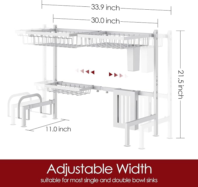 Sakugi Over The Sink Dish Drying Rack - Adjustable 2 Tier Large Capacity Stainless Steel Drainer with Cutlery & Utensil Holders, Kitchen Storage & Organization, 30"-33.9" L x 11" W x 21.5" H, White