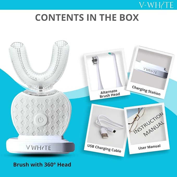 V-WHITE Adults Auto Brush Ultrasonic U-Shaped Toothbrush – 360° Teeth Cleaning, Hands-Free Electric Autobrush – Gum Protection, Waterproof IPX7, Wireless Charging