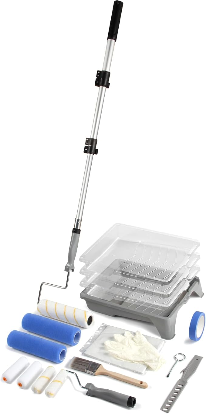 VOOMEY Professional Paint Roller Kit with Telescopic Extension Pole (44-89cm) 23cm, Polyester Paint Roller for Walls, 10cm Sponge Roller for Edges & Corners, Brush Set for Ceiling, DIY Home Renovation