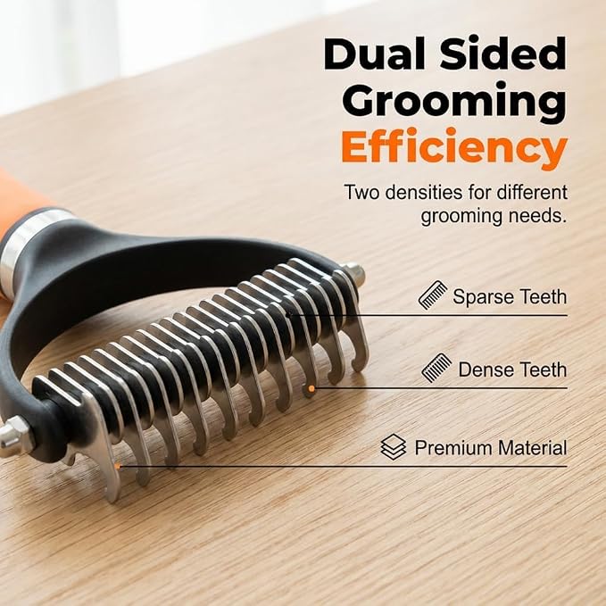 Double-Sided Pet Grooming Tool, 2026 Upgraded Detangling Comb for Dogs Cats Long Thick Hair Removes Tangles Knots Loose Fur, Gentle Deshedding Tool for Sensitive Pet Skin (Orange)