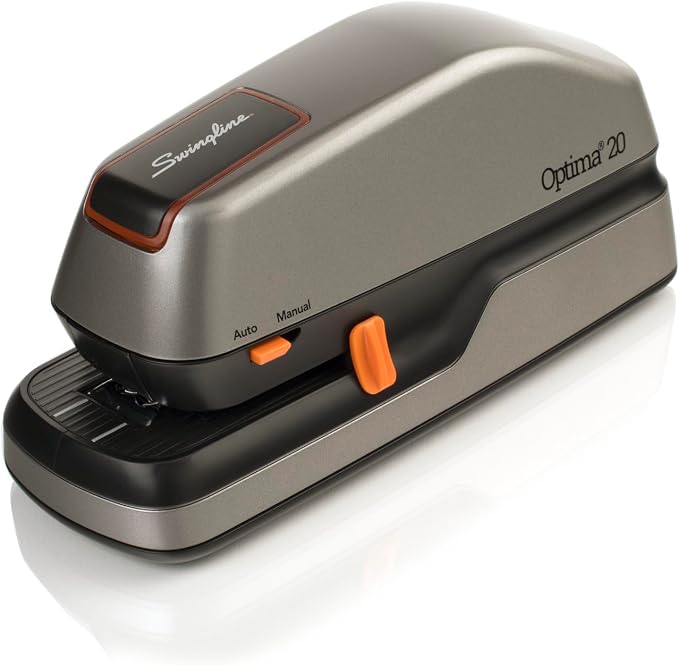 Swingline Electric Stapler, 20 Sheet Capacity, Optima 20, Jam Free, Auto or Manual, Plug In or Battery, Silver (48208)