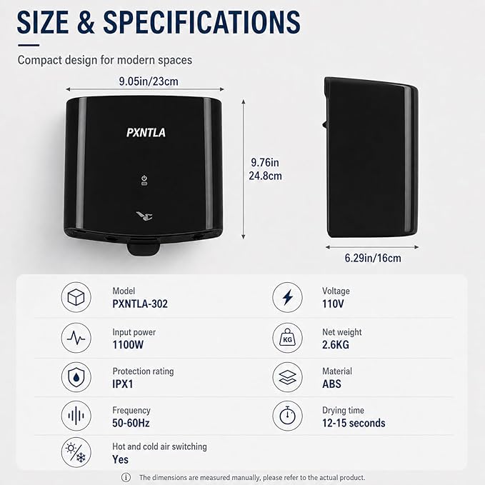 Hand Dryer, 12-15 Seconds Fast Dry Hands, 100-130V Voltage, Bottom Hot & Cold Air Switch, IPX1 Waterproof & 60s Overheat Protection