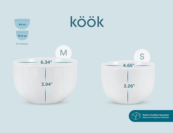 KooK Ceramic Mixing Bowls, Nesting Set of 4, Embossed Kitchen Dishware, Prep, Serving, Gift, Microwave and Dishwasher Safe, 20/44/98/145 oz, Narbonne Collection (Marshmallow)