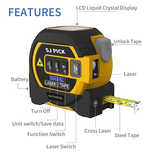Voice Intelligent Tools 3-in-1 Laser Tape Measure ，Digital Measuring Tape Ruler-LCD Backlight 5M/16Ft Tape & Laser 100m/328Ft Rangefinder，Crosshairs Markings，Data Storage (Yellow, 100m/328ft)