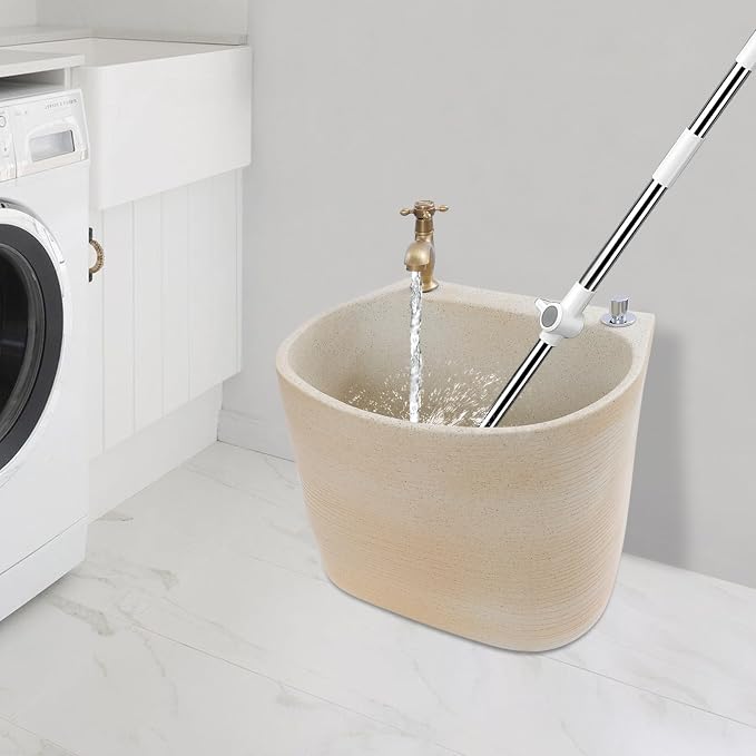 Garden Floor Mop Sink Set 16x13x16in, Ceramic Utility Mop Basin with Faucet and Button Drainage Large Capacity Mops Bucket for Garage Laundry Room Bathroom and Outdoor