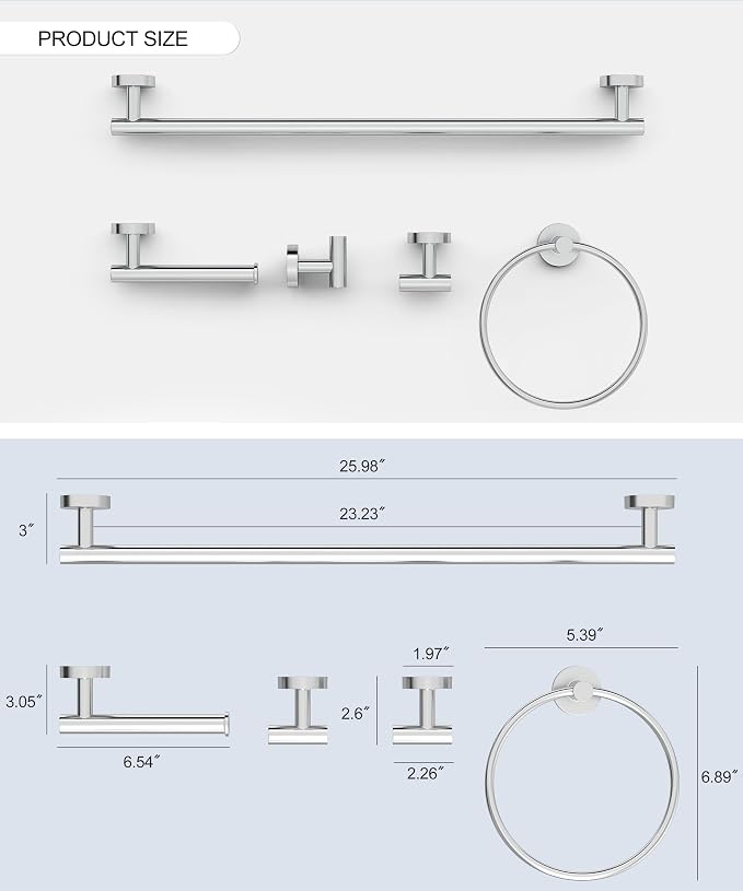 5 Pcs Chrome Bathroom Hardware Accessories Set, HOMEMYSTIQUE SUS304 Stainless Steel Towel Rack and Toilet Paper Holder Set, 26 Inch Towel Bar Set Wall Mounted