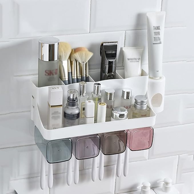 Toothbrush Rack Wall Mounted Toothbrush Holder with Mouthwash Cup for Storage Rack Bathroom Accessory Rack with Toothpaste Squeezer Kit Bathroom Toothbrush Holder(B)