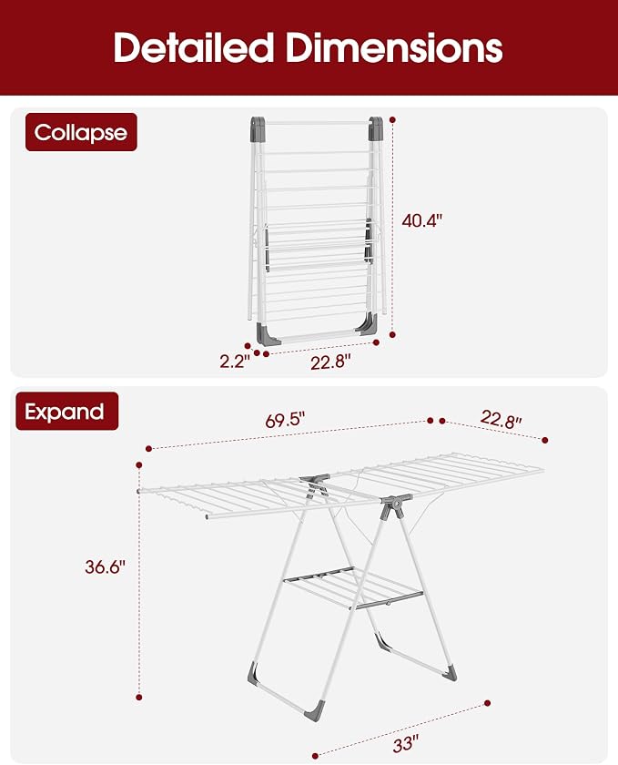 Sakugi Clothes Drying Rack with Height-Adjustable Wings, Metal Foldable Laundry Dryer Stand for Clothing & Bedding, Free-Standing Collapsible for Indoor & Outdoor Use, 69.5" L × 22.8" W, White Gray