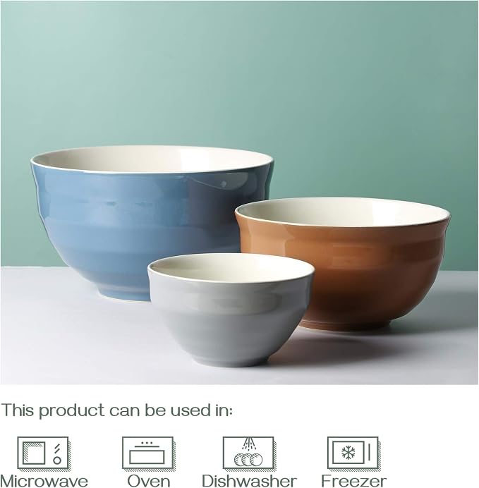 DOWAN Mixing Bowls Set of 3, 4.25/2/0.5 Qt Ceramic Mixing Bowls, Easy-Grip & Stability Design, Mixing Bowls for Kitchen, Nesting Bowls for Space Saving Storage, Versatile for Cooking, Baking, Prepping
