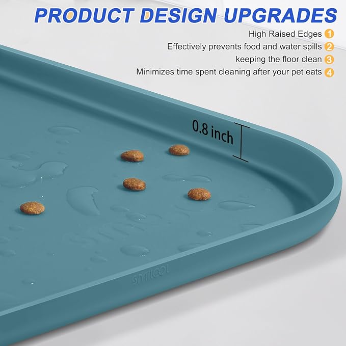 SMILOOL Waterproof Silicone Pet Food Mat with Raised Edge for Dog & Cat | 22" x 14" Non-Slip Pet Feeding Mats with Lip for Food & Water Bowl, Food Grade, Easy Cleaning, Salte Blue