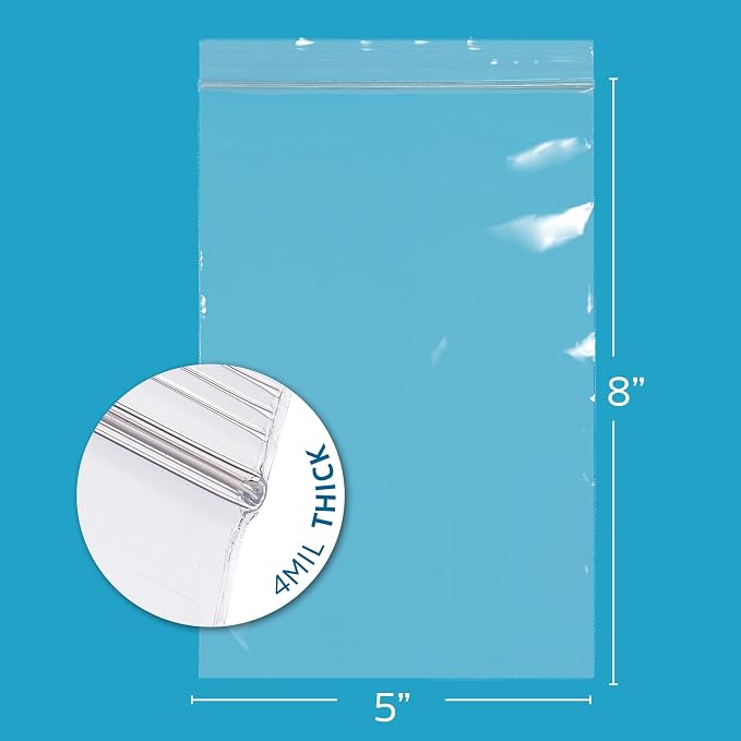 5" x 8" Heavy-Duty Zip Bags - 200 Count - Clear Plastic Reclosable Zipper Baggies, 4 Mil Thick Freezer Storage Poly Bags with Resealable Zip Top Lock for Packaging Food, Tools & Sharp Objects.