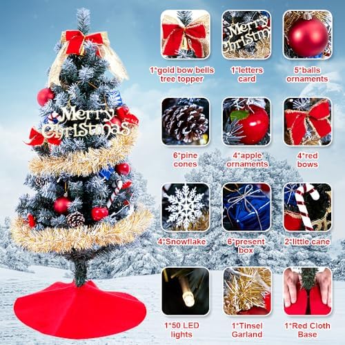 3ft Christmas Tree with Lights, Christmas 36inch Small Artificial Tabletop Tree, Xmas Desk Mini Tree with 50 LED Lights, Hanging Ornaments Decorations, Holiday Tree for Home Decor, Indoor, Office