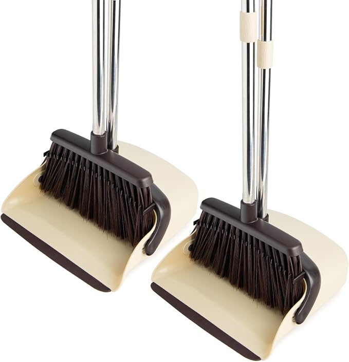 2-Pack Broom and Dustpan Set with Long Handle, Heavy Dust Broom and Dustpan Combo for Home，Kitchen, Office, Pet Hair(Beige)