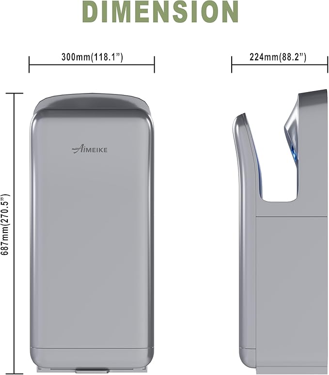 Commercial Vertical Hand Dryer, 110V High Speed, Silver | Touchless electric hand dryer for bathrooms, restrooms, offices, hotels, schools, and high-traffic public spaces.