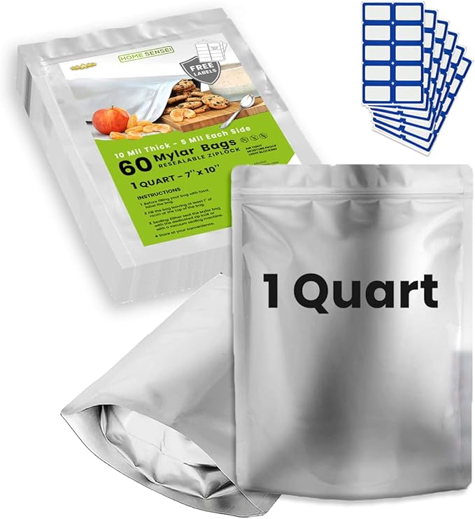 60pcs 1 Quart Mylar Bags for Food Storage - ExtraThick 10 Mil - Smell Proof Mylar 1 Quart - Stand-Up Zipper Pouches 7" x 10" - Small Bags for Food Storage - Heat Sealable