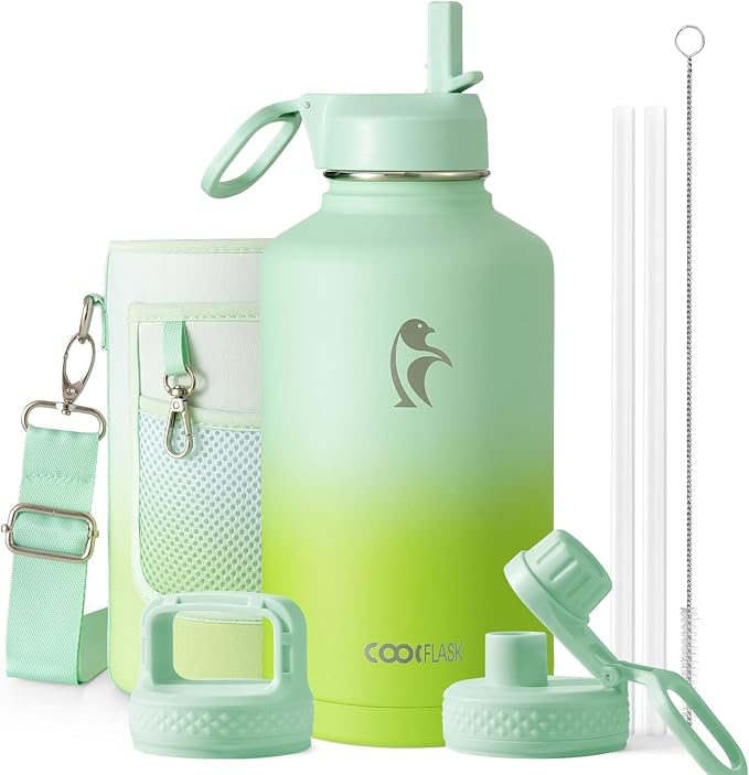 Half Gallon Water Bottle Insulated with Straw & 3 Lids, Coolflask 64 oz Water Jug Large Metal Stainless Steel Wide Mouth for Sports, Gym or Office, Non-BPA Keep Cold 48H Hot 24H, Ombre Green