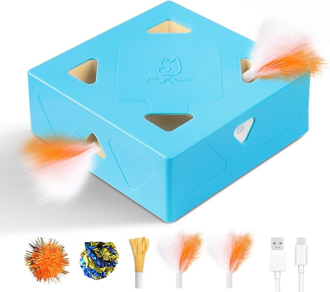Migipaws Interactive Cat Toy -Migibox Without Popskin, Puzzle Toy for Indoor Bored Cats, Automatic Pop Out Feathers from 7 Holes Randomly, Motion Activated, USB Rechargeable(Blue)