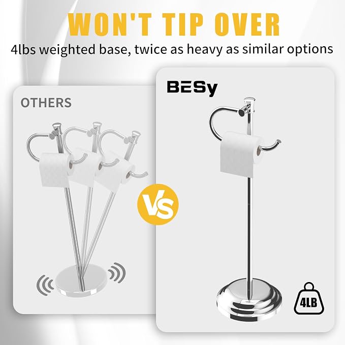 BESy Toilet Paper Holder Free Standing Bathroom Toilet Tissue Holder Stand for Floor Toilet Paper Roll Holder with Storage Hardware Accessories Rack Hand Towel Bar Polished Chrome Stainless Steel