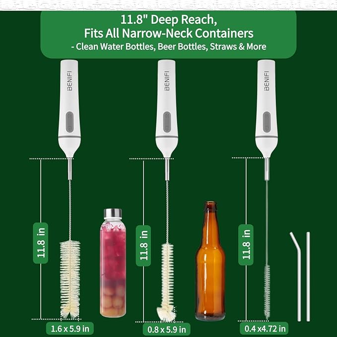 Electric Bottle Brush Cleaner, Fully Waterproof 11.8" Deep Reach Bottle Brush with 6 Brush Heads & Storage Stand, Rechargeable Bottle Cleaner for Water Bottles, Wine Decanters, Glass Pitcher & Straws