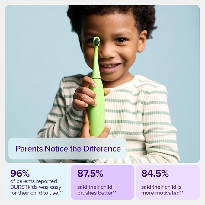 Burst Kids & Toddlers Electric Toothbrush (Green) | Soft Bristles | Two Minute Timer | Rechargeable Battery | Easy-Grip Silicone Handle | 2 Modes for Healthy Smiles | Ages 3+