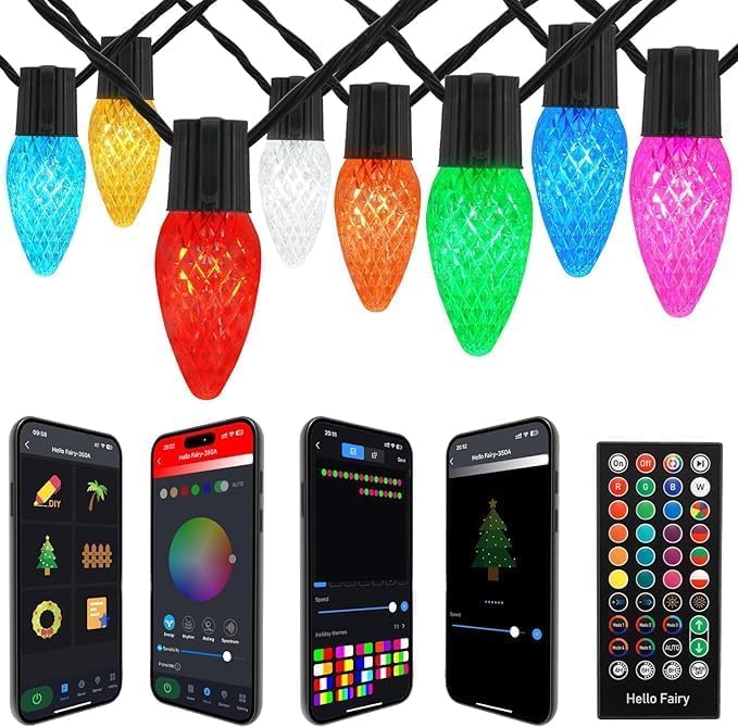 Gemce Smart C9 Christmas Outdoor Lights, 197FT 200 LEDs, APP Remote Controlled RGB String Lights, DIY Chasing Xmas Lights, Color Changing with Timer & Music Sync for Holiday Xmas Tree Decoration