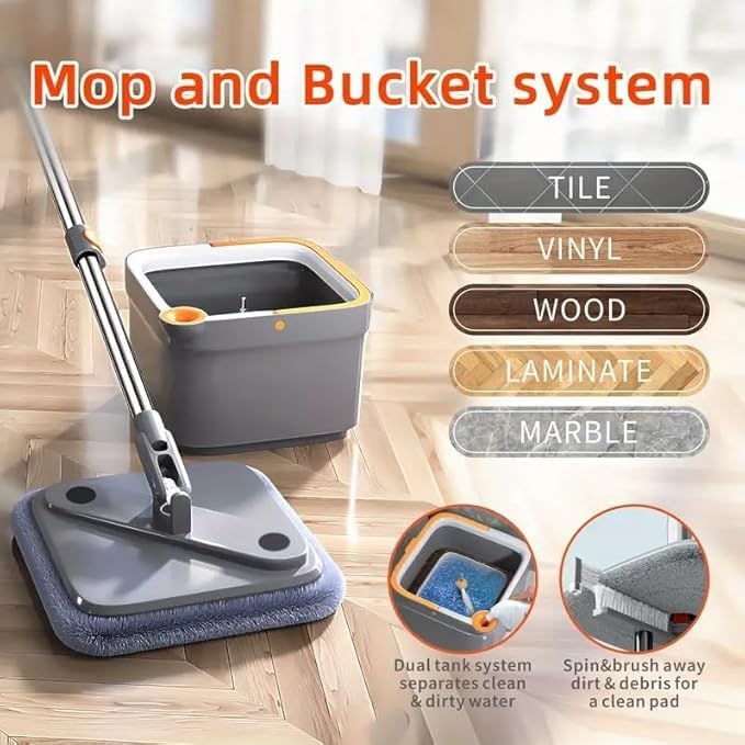 LetsClean 360 Spin Mop and Bucket Clean and Dirty Water Separation System, Back Pain Free, Tile, Hardwood, Marble Floors Square Mop Head Easy Mopping Life, Grey, White, Orange