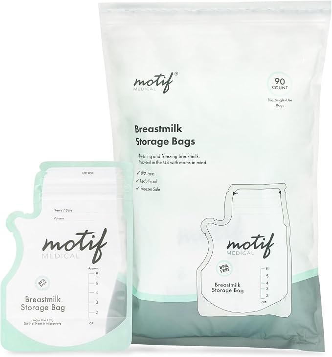 Motif Medical Breastmilk Storage Bags - Freezer Bag w/Easy Pour Spout, Write-On Label - Leak-Proof Double Zipper Milk Bags for Breastmilk - Ideal Breastfeeding Mom Gifts (6 oz, 90 Count)