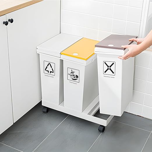 20L x 3 Compartment Trash Can with Wheels, 16 Gallon Recycling Bin and Rolling Garbage Can for Kitchen, Mobile Waste Separation System with Press-Open Lids & Detachable Containers for Home & Office