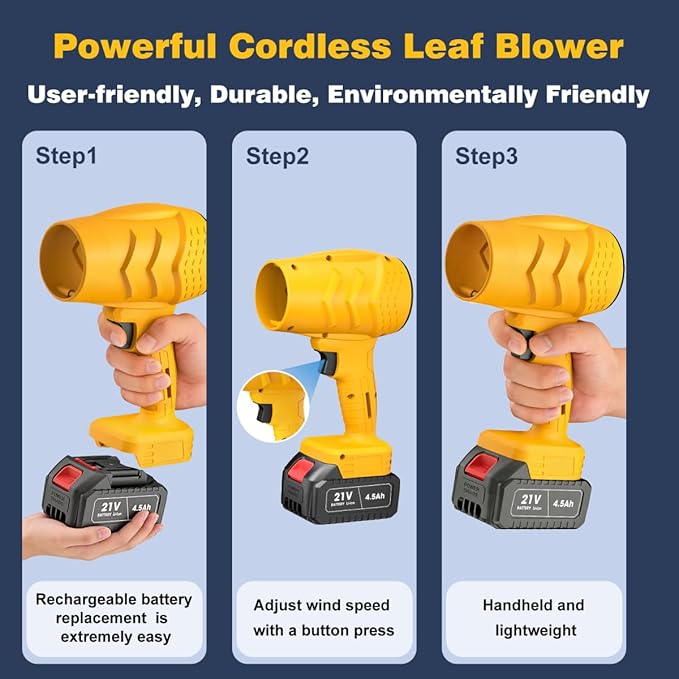 Electric Mini Leaf Blower, Powered Handheld Blower Leaf, Adjustable Wind Speed Cordless 21V Battery Blower with 2 Rechargeable Batteries and Charger, Toolbox, for Yard Leaf & Snow Removal(Yellow)
