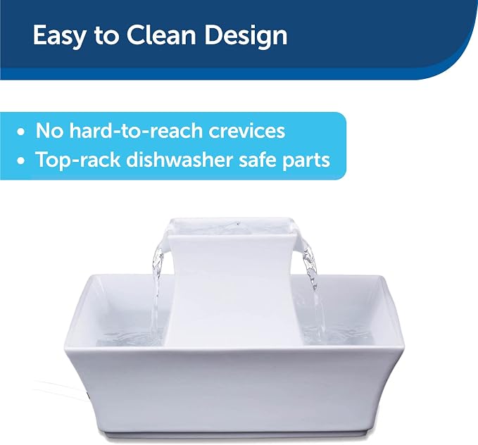 PetSafe Drinkwell Pagoda Fountain - 70 oz Ceramic, White - Filters Incl. | 2 Free-Falling Water Streams Encourage Hydration, Open Bowl Design, Replaceable Carbon & Foam Filters
